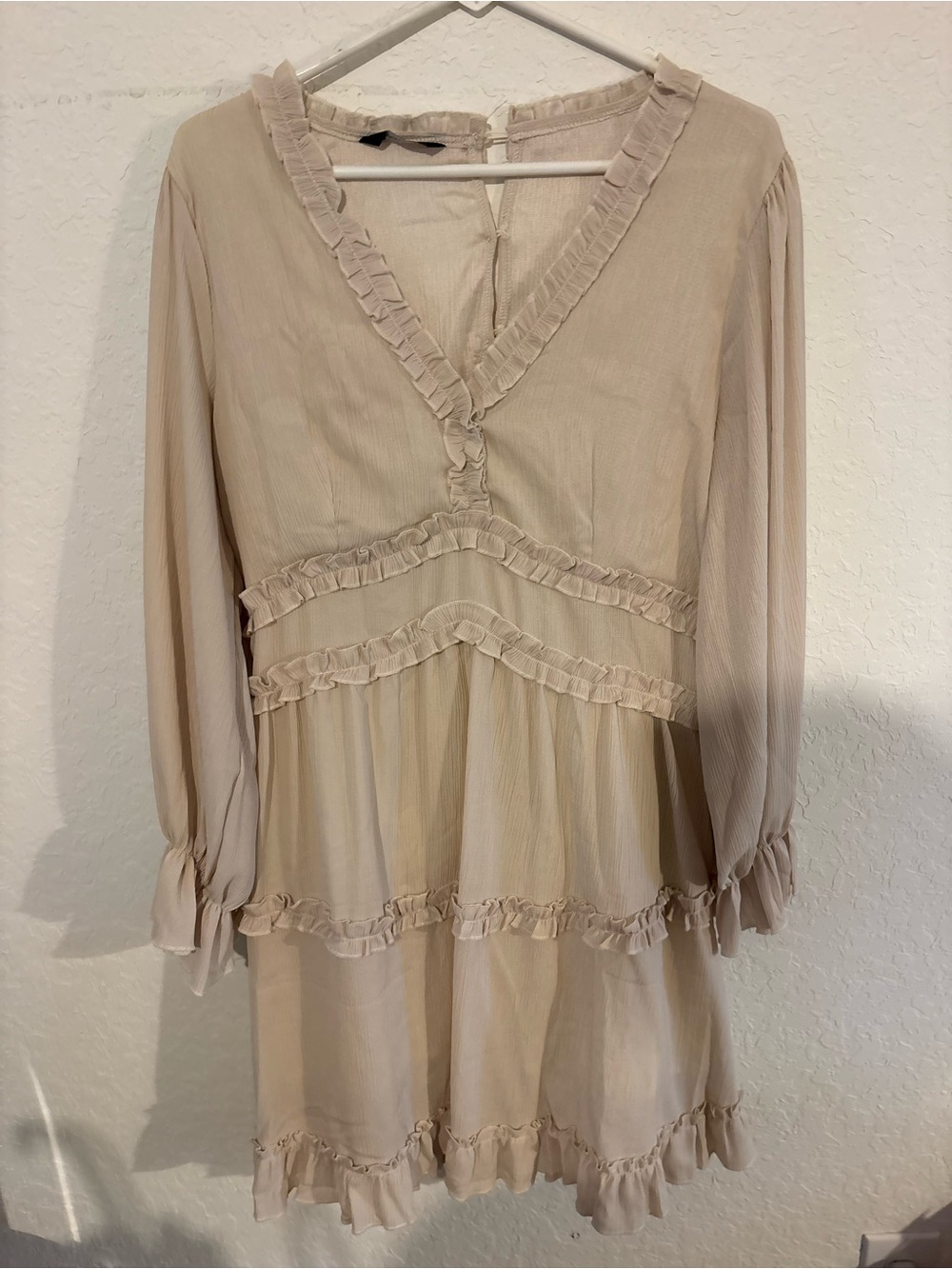 Light Beige Ruffle-Trim Long Sleeve V-Neck Dress